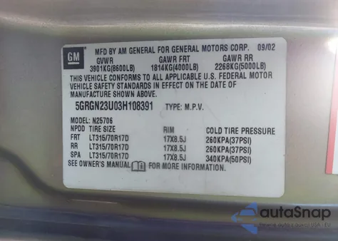 2003 Hummer H2 from USA, damaged, VIN 5GRGN23U03H108391